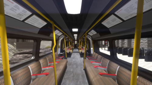 Sky Line - detailed interior of the vacant train that users can catch to circumnavigate the environment. Lawrence Lek, 2014